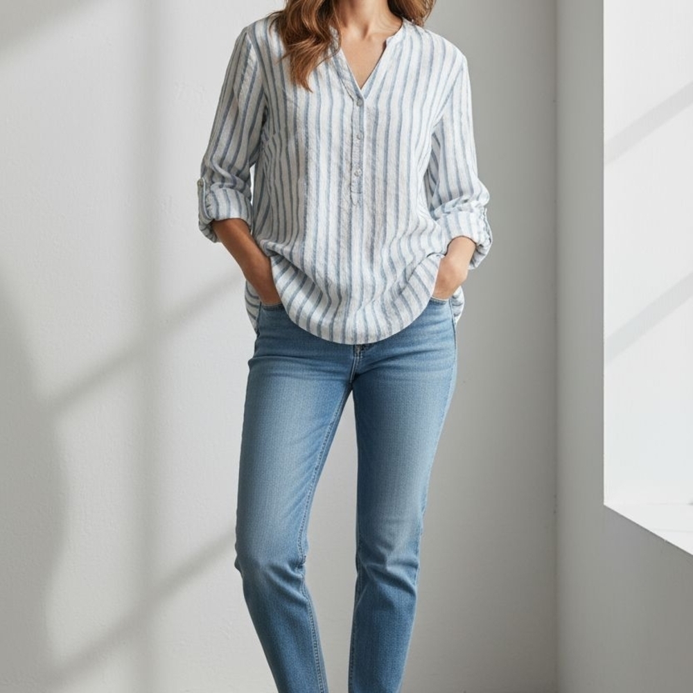 SALE!!! EUC Women's norah Sz. M White/Blue‎ Striped Long Sleeve Shirt